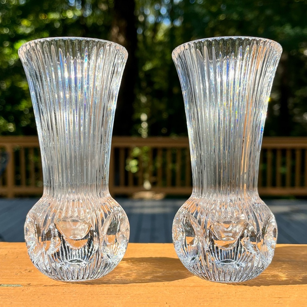 Vintage Fostoria ribbed lead crystal bud vases, set of 2.